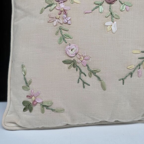 Handmade Linen Small Throw Pillow Silk Floral Embroidery 11" Square - Picture 7 of 9